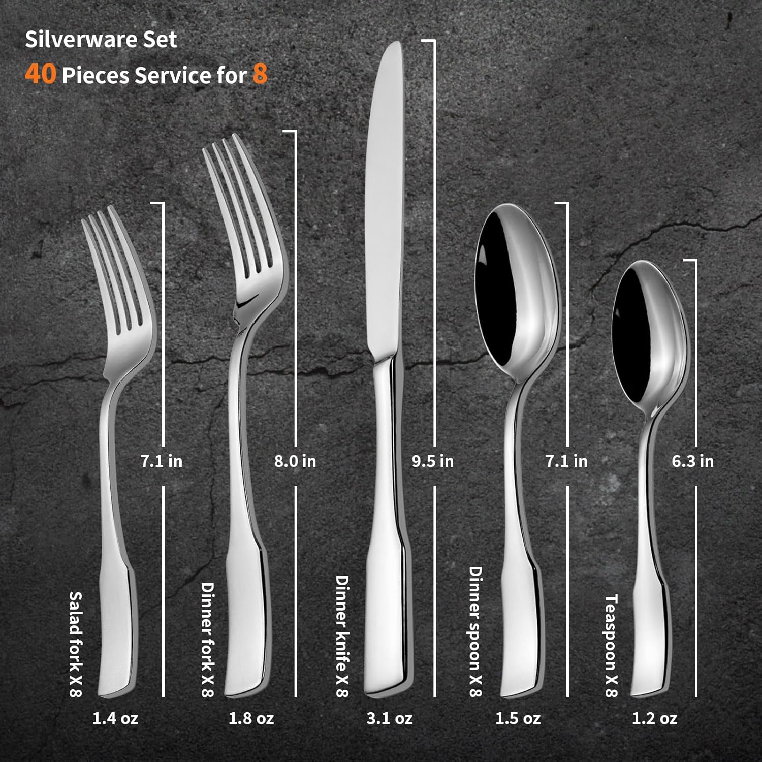 Alata Kate 40-Piece Silverware Set,Service for 8,Stainless Steel Flatware Set,Mirror Polished Cutlery Set,Dishwasher Safe - Image 5