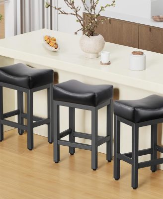 Counter Height Bar Stools Set of 3, 24 Inch Barstools for Kitchen Island Counter, Bonded Leather Kitchen Stools with Saddle Seats & Metal Base, Easy Assembly, Black