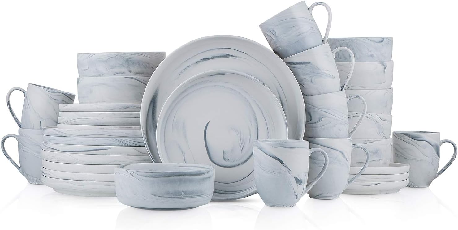 Stone Lain Porcelain 32 Piece Dinnerware Set, Cool Gray Swirl, Marble Design