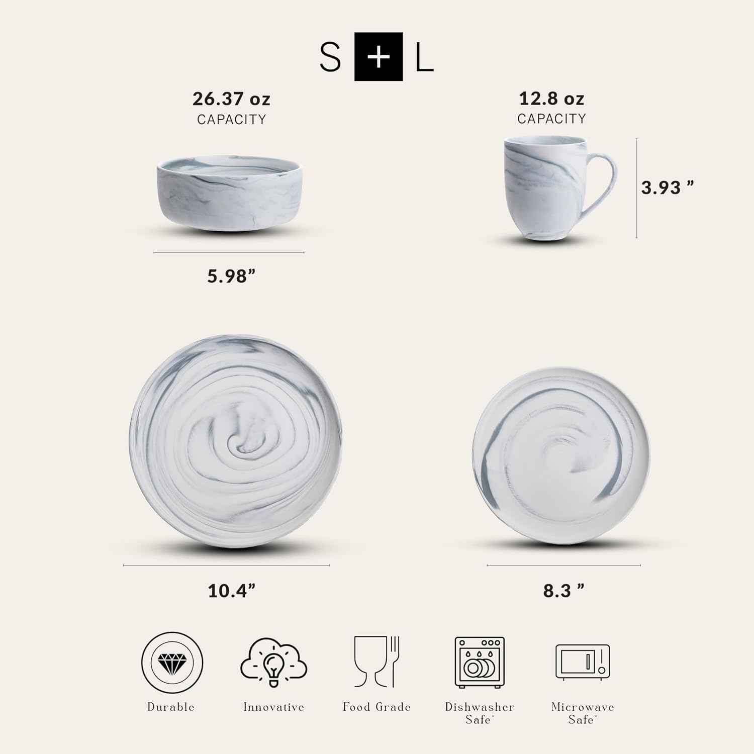 Stone Lain Porcelain 32 Piece Dinnerware Set, Cool Gray Swirl, Marble Design - Image 2