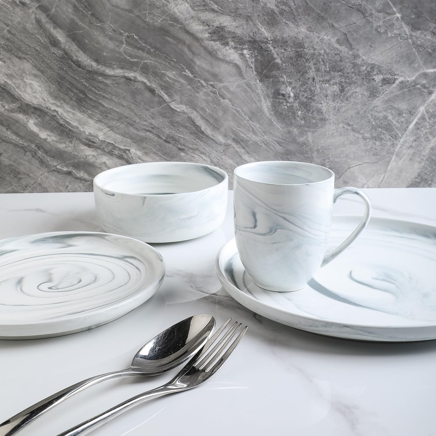 Stone Lain Porcelain 32 Piece Dinnerware Set, Cool Gray Swirl, Marble Design - Image 6
