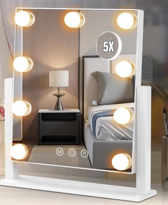 Vanity Mirror with Lights, Hollywood Lighted Makeup Mirror with 3 Color Lighting Modes and 9 Dimmable Bulbs, Detachable 5X Magnification, Smart Touch Control, 360°Rotation, White