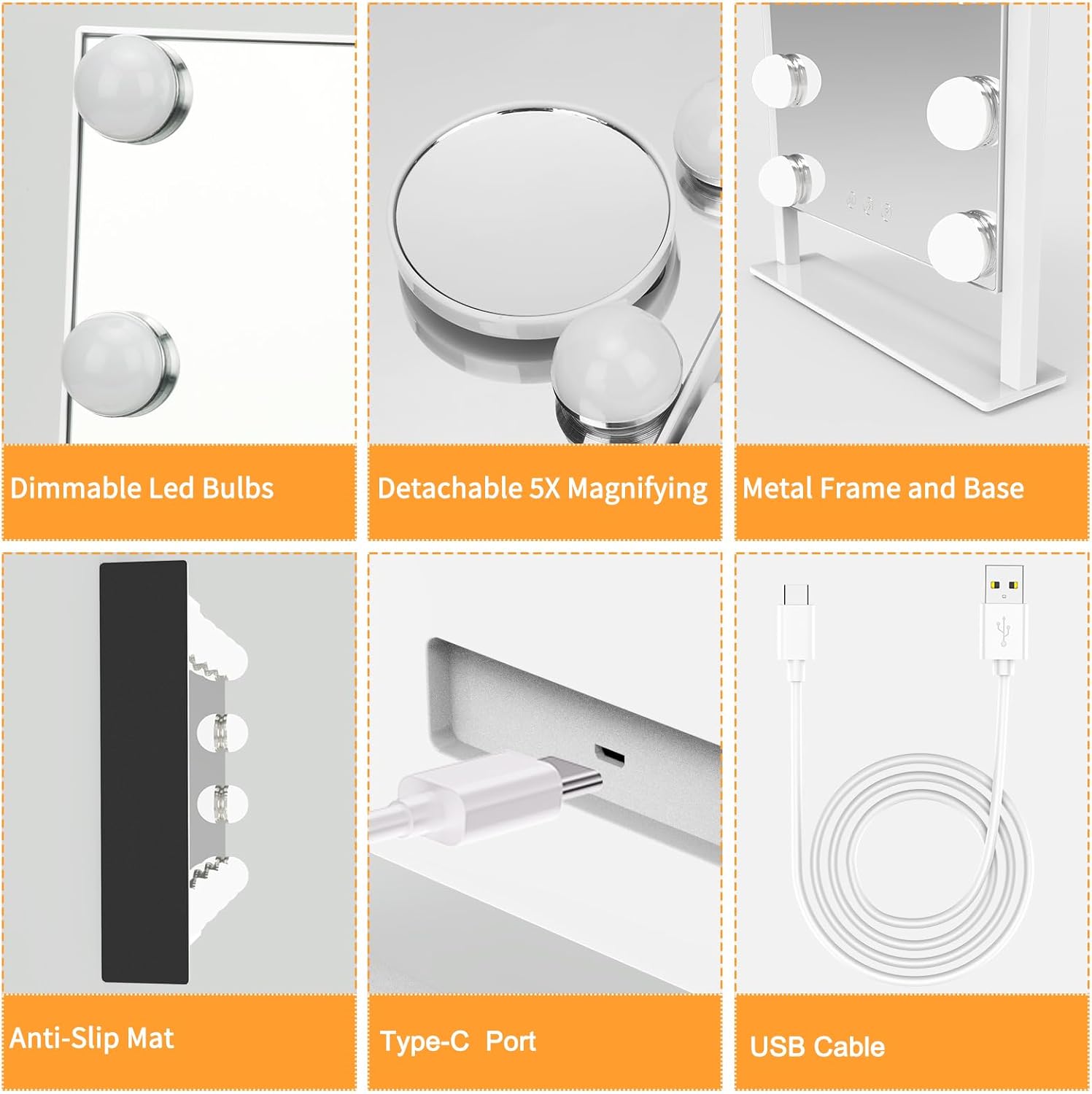 Vanity Mirror with Lights, Hollywood Lighted Makeup Mirror with 3 Color Lighting Modes and 9 Dimmable Bulbs, Detachable 5X Magnification, Smart Touch Control, 360°Rotation, White - Image 5