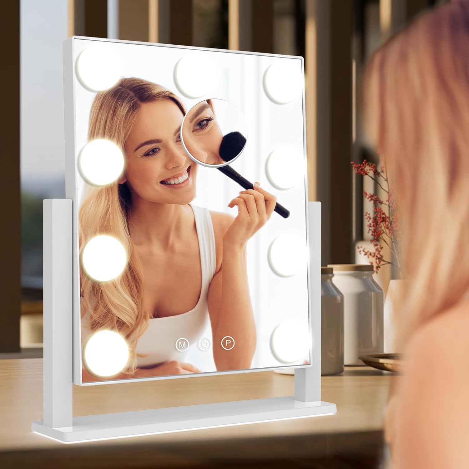 Vanity Mirror with Lights, Hollywood Lighted Makeup Mirror with 3 Color Lighting Modes and 9 Dimmable Bulbs, Detachable 5X Magnification, Smart Touch Control, 360°Rotation, White - Image 6